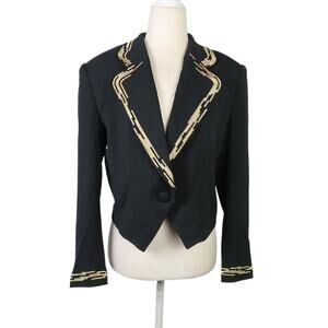 Vintage 90s Suzelle Black Crop Blazer Jacket Metallic Gold Trim 4